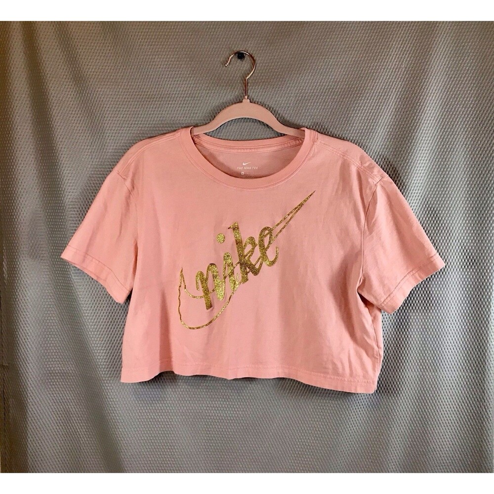 Nike Womens Size Medium Pink Gold Glitter Logo Cropped T-Shirt 100% Cotton